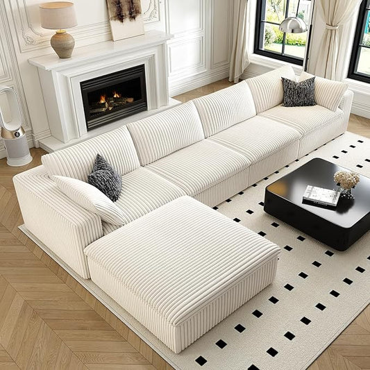 157.5" Cloud Couch Modular Sectional Sofa for Living Room,Modern Sofa with Deep Seat，L-Shape Boneless Couch with Ottoman,Comfy Upholstered Corduroy Couches for Apartment, Studio, Office,Bedroom，White-HomvellaHome