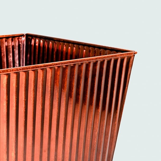 18in Vintage Handmade Metal Vertical Lines Copper Tapered Planters Set of 2, Galvanized Steel Planter Box with Drainage Hole for Indoor/Outdoor/Porch/Garden-HomvellaHome