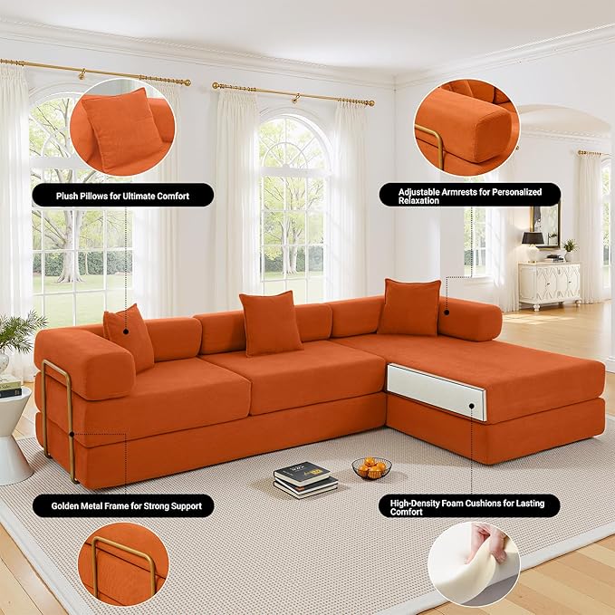 108" Oversized Convertible Sleeper Sofa Bed, Corduroy L Shape Sectional Couch, Folding Sofa Bed with Side Pocket, Modern Cloud Floor Mattress Couch, Modular Sofa for Living Room, Orange-HomvellaHome
