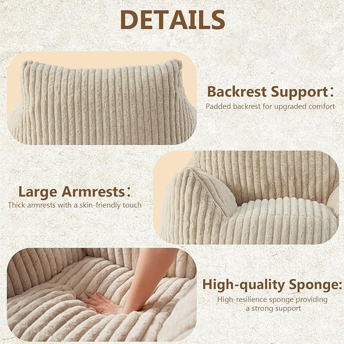Giant Bean Bag Chairs for Adults Teens, Large Bean Bag Sofa Chairs with Filling Comfy Fuzzy BeanBag Chair with Armrests for Bedroom Living Room Reading-HomvellaHome