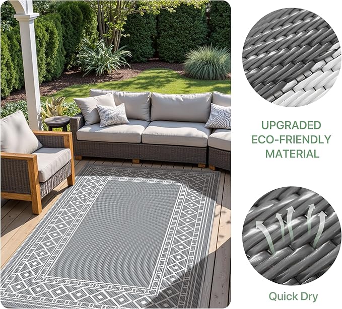 GENIMO Outdoor Rug Waterproof for Patio Decor, 8'x10' Reversible Outdoor Plastic Straw Rug Carpet, Camping Mats for Outdoor Decor, RV, Backyard, Deck, Balcony, Picnic, Grey & White-HomvellaHome