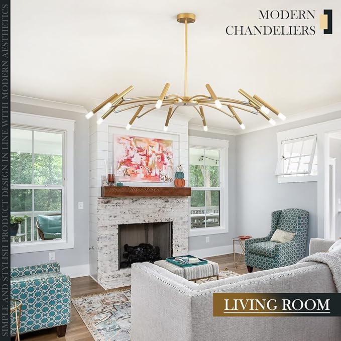 Gold Modern Chandelier 39.4" Large Chandelier Lighting Adjustable Ceiling Pendant Light 12 Light Pendant Light Fixtures for Living Room Dining Room Foyer-HomvellaHome