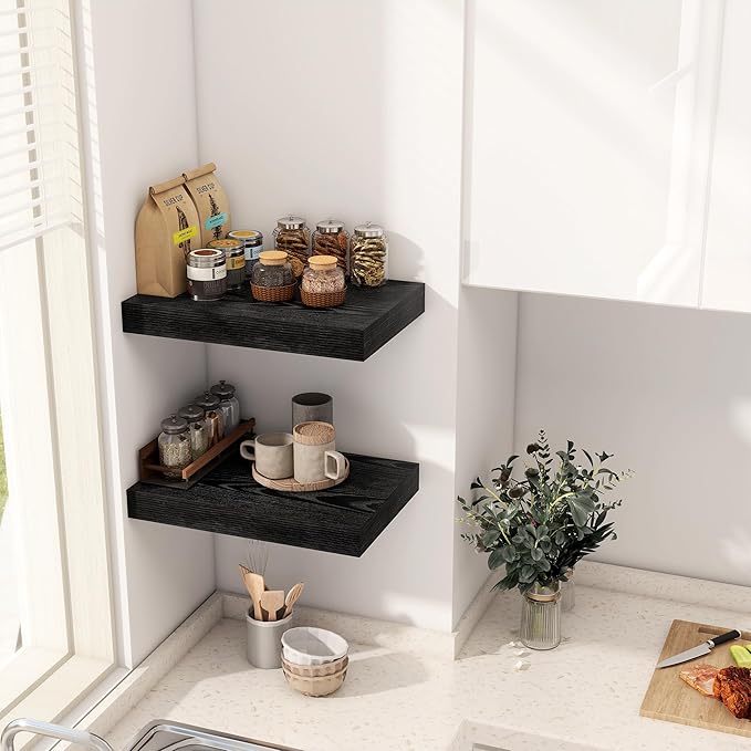 12 Inch Deep Black Floating Shelves, 16 x 12 Floating Shelf for Books, Rustic Wood Deep Wall Shelves for Home Storage & Display, 2" Thicked Shelves for Kitchen, Living Room, Bedroom, 2 Pack-HomvellaHome