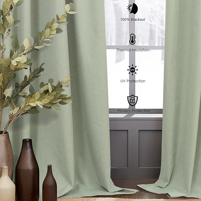 Green Country Kitchen Curtains 45 Inch Length Short Small Basement Window Blackout Cooling Curtains for Summer Heat Linen Cafe Bathroom Classroom Dorm RV Camper Sage Green Drapes with White Backing-HomvellaHome