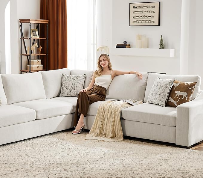 112" Modular Sectional Sofa, Large 7 Seater L Shaped Couch with Detachable Sofa Cover, Movable Ottoman, Deep Seat Corner Couch for Living Room, Apartment - Linen Fabric, Ivory-HomvellaHome