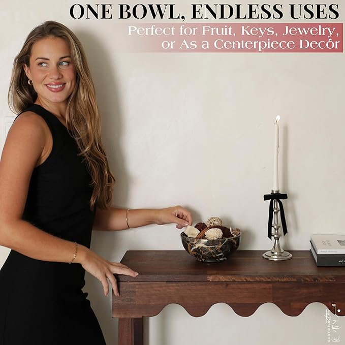 Gusto Nostro 8" Luxury Black Marble Decorative Bowl for Coffee Table - Elegant Decorative Fruit Bowl for Kitchen Counter - Heavy Stone Entryway Catch All for Keys, Potpourri Holder Centerpiece, Medium-HomvellaHome