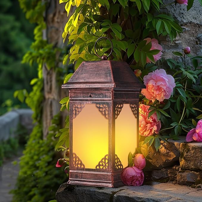 14" Solar Lanterns Outdoor Waterproof, Glass Flickering Flame Solar Lantern, Hanging Metal Lantern Decorative for Patio Front Porch Garden Backyard Tabletop Party Decoration-HomvellaHome