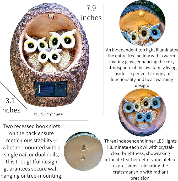Garden Owl Family Tree Hugger Statue Solar Powered Outdoor Wall Mounted Figurine Light Resin Sculpture Home Decoration Housewarming Ornament Unique Gift-HomvellaHome