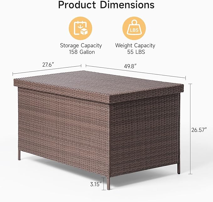 158 Gallon XL Deck Box with Lid, All Weather Wicker Outdoor Storage Box Waterproof, Large Outdoor Patio Storage Bin for Cushions, Garden Tools, Gears, Pool Accessories, Brown-HomvellaHome