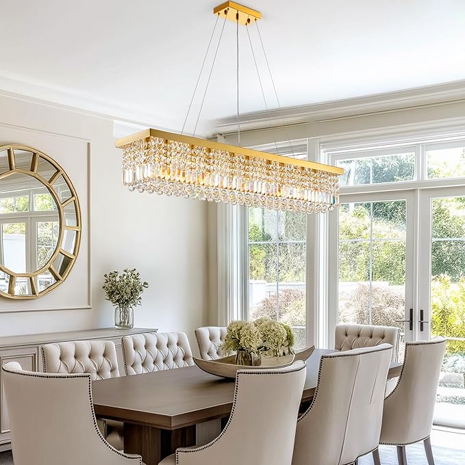 10 Lights Modern Crystal Chandelier, Gold K9 Rectangle Rectangular Chandeliers,Luxury Flush Mount Pendant Ceiling Light for Dining Room Kitchen Island L47''xW10''xH10''-HomvellaHome
