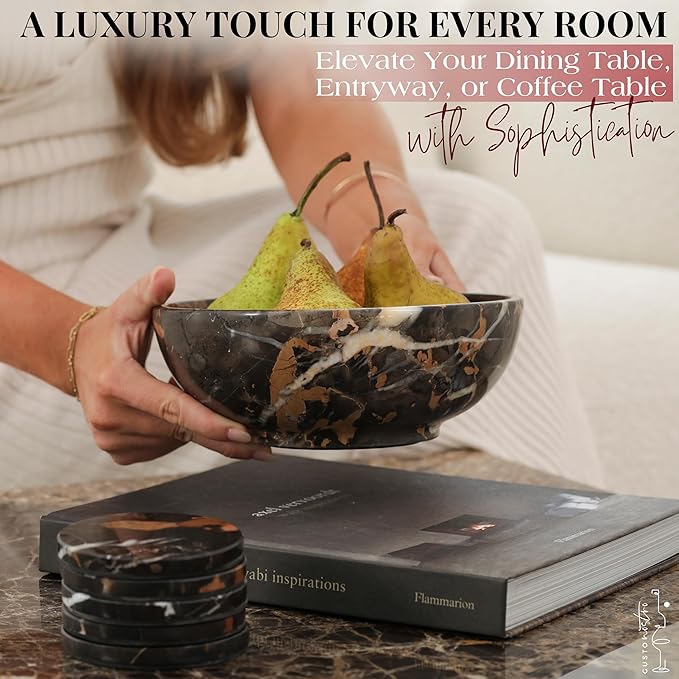 Gusto Nostro 8" Luxury Black Marble Decorative Bowl for Coffee Table - Elegant Decorative Fruit Bowl for Kitchen Counter - Heavy Stone Entryway Catch All for Keys, Potpourri Holder Centerpiece, Medium-HomvellaHome