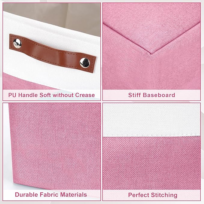 13x13 Cube Storage Bins, Collapsible Fabric Storage Box, 4 Pack Closet Baskets with Handles for Organizing, Shelf, Toys, Clothes, Home, Office, Nursery (Pink&White)-HomvellaHome