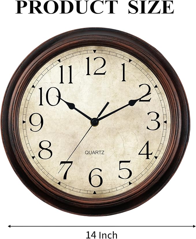 14 Inch Wall Clocks Battery Operated Silent Non-Ticking Analog Wall Clock Vintage Retro Rustic Style Decorative for Living Room Kitchen Home Office(Bronze)-HomvellaHome