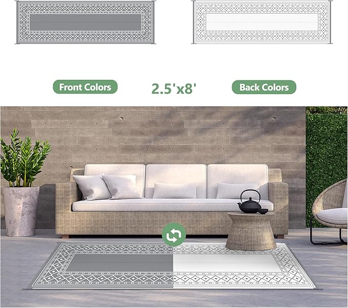 GENIMO Outdoor Rug Waterproof for Patio, 2.5'x8' Foldable Reversible Plastic Straw Runner Rugs and Carpet for Porch, Outside Area Mat for Rv, Deck, Picnic, Camper, Balcony, Beach, Grey & White-HomvellaHome