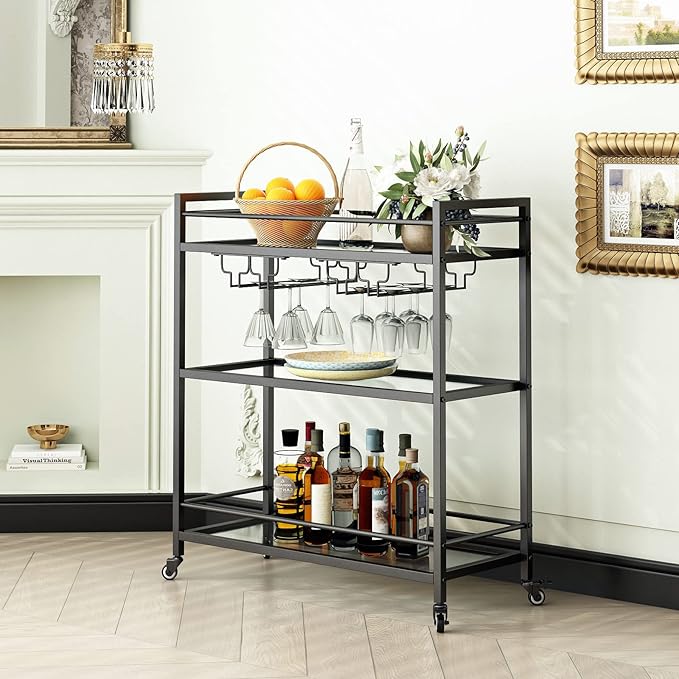 Glass Black Bar Carts for Home with Hanging Wine Rack - Home Bar Serving Cart with 3 Mirrored Shelves, Kitchen Bar Carts, Wine Cart for Entertaining, Club Party.-HomvellaHome