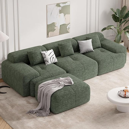 122" Modern L Shaped Modular Sectional Sofa, Boneless Couches for Living Room with Ottoman,4 Seater Convertible Chenille Cloud Couch Sofa Set, No Assembly Required, Green 1 PCS-HomvellaHome