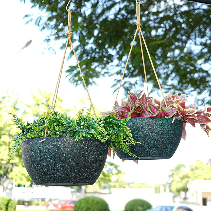 12 Inch 2 Pack Large Hanging Planters for Indoor Outdoor Plants, Plastic Hanging Basket Pots for House Plants Flowers, Black Speckles-HomvellaHome