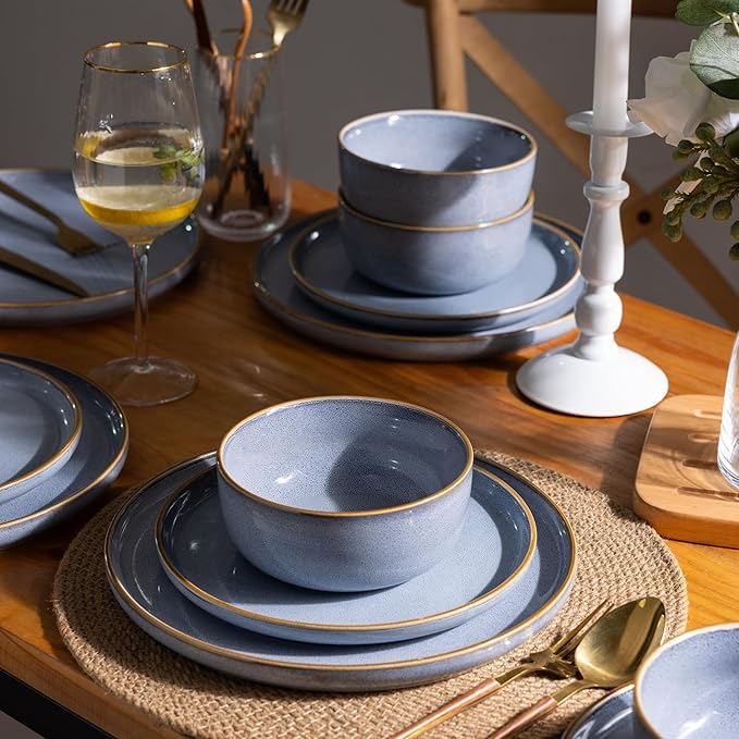 GBHOME Ceramic Dinnerware Sets for 4, 12 Pieces Stoneware Plates and Bowls Sets, Scratch Resistant Dishe Set for Dinner, Dishwasher & Microwave Safe, Brunnera Blue-HomvellaHome