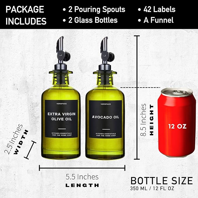 Green Glass Olive Oil Dispenser Bottle For Kitchen By Verpsace,Avocado Oil Dispenser Set, Modern Decor, Gold Kitchen Accessories for Home, Airbnb, Cafe (Black, Set of 2)-HomvellaHome