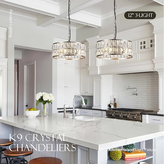 12” 3-Light Modern Crystal Chandeliers Nickel Dinning Room Light Fixture, Round Pendant Light Kitchen Island Chandelier, Flush Mount Ceiling Light for Living Room Entryway Bedroom Foyer-HomvellaHome
