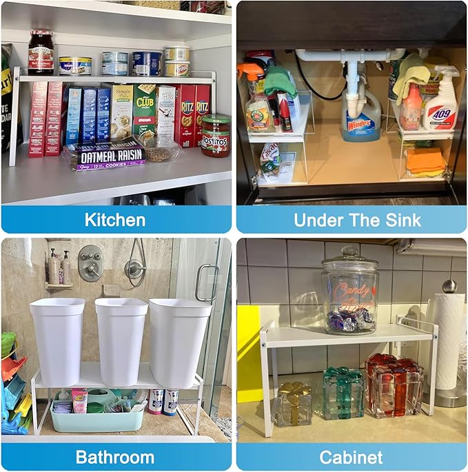11'' Wide Expandable Cabinet Shelf Organizer Rack Adjustable Length 14''-26'' Pantry Shelf Spice Rack Heavy Duty Nonslip Kitchen Counter Storage Shelves Pantry Cupboard Under Sink Countertop White-HomvellaHome