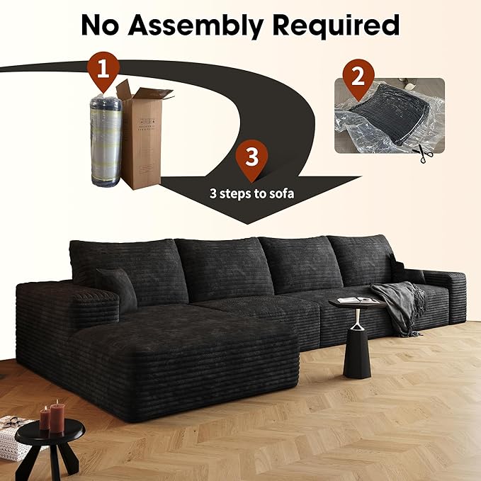 136" Sectional Couches for Living Room Modern Modular Sofa with L-Shape Couchs Upholstered Boneless Couch Deep Seat Sectional Couch with Chaise (Black, Left Facing Chaise+3Seaters)-HomvellaHome