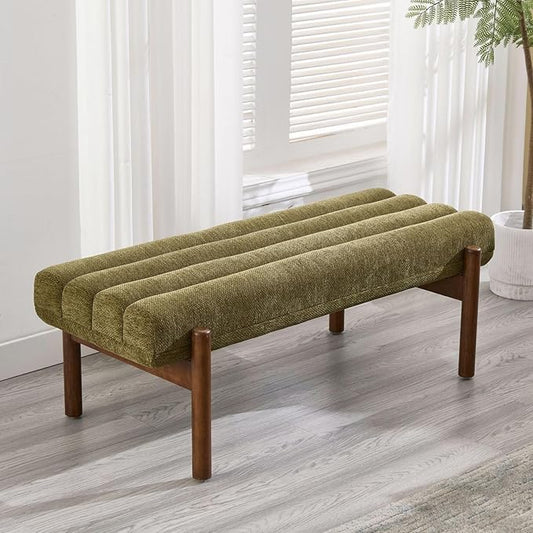 Green Upholstered Bench Modern End of Bed Bench Chenille Fabric Bedroom Bench for Entryway Living Room Vanity Makeup Room, 47" Long, Wooden Legs-HomvellaHome