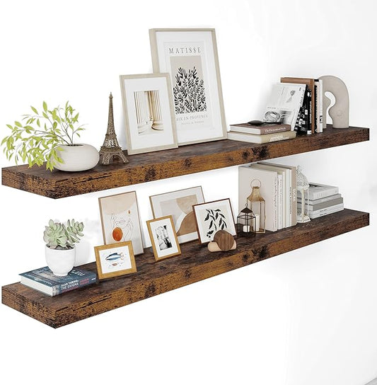 12" Deep Floating Shelves for Wall 55 Inches Long, Heavy Duty Wall Shelves for Bedroom Bathroom Kitchen Laundry Room, Farmhouse Rustic Shelves for Home Decor, 55" X 12" X 2" Set Of 2, Rustic Brown-HomvellaHome