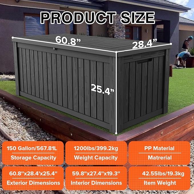 150 Gallon Double-Wall Resin Deck Box - Lockable Waterproof Outdoor Storage Box, 1000lbs Capacity & Doubles as Seating for Patio Furniture - Garden Tools, Pool Accessories (Black)-HomvellaHome