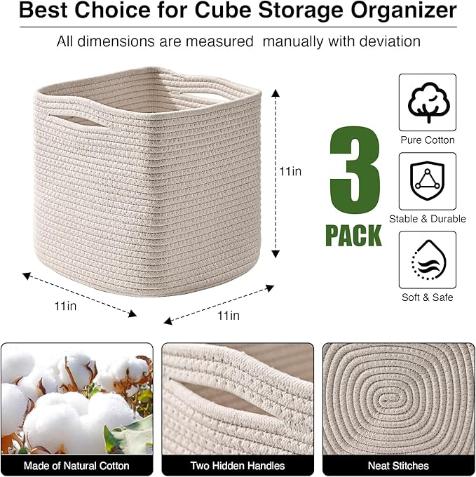 11 Inch Cube Storage Bins, Organizer Bins, Woven Cotton Rope Baskets for Storage, Storage Baskets for Organizing Shelves, White Basket for Toys, Off White (Pack of 3)-HomvellaHome