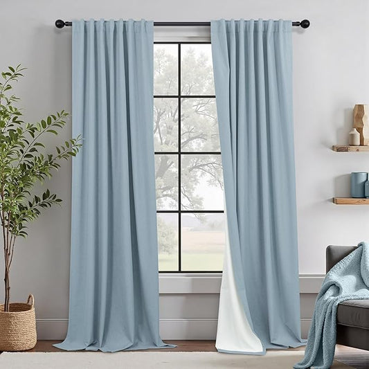 100% Blackout Curtains 90 Inches Long for Living Room 2 Panels Set Light Blocking Heat Darkening Energy Saving Curtain Window Coverings Coastal Beach Linen Farmhouse Drapes Bedroom Stone Blue Chambray-HomvellaHome