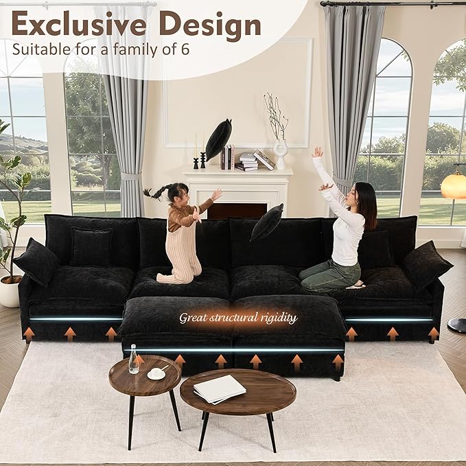 142.5" U Shaped Couch, Modular Sectional Sofa, 3-Seater Comfy Cloud Couch with Movable Ottoman, Deep Seat Couches for Living Room, Chenille, Black-HomvellaHome
