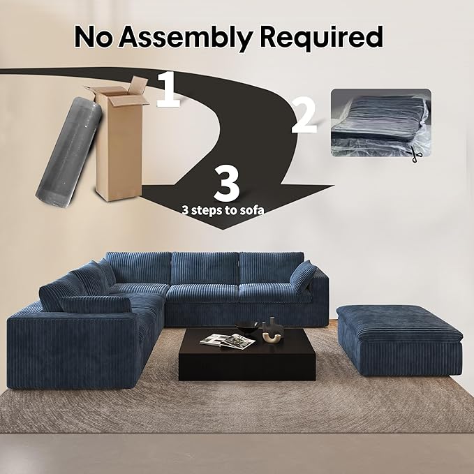 118" 6-Seater Cloud Sofa,Modular Sectional Couch with Ottoman,Modern Deep Seat Upholstered Couches with Plush Corduroy Fabric for Living Room Furniture,Bedroom and Apartment,No Assembly Required,Blue-HomvellaHome