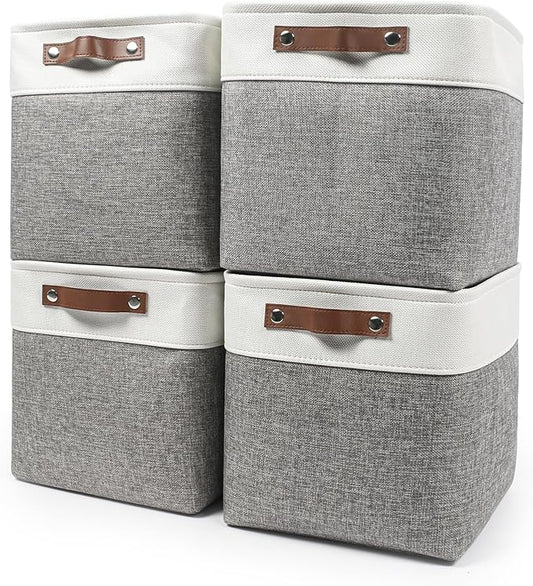 13x13 Cube Storage Bins, Collapsible Fabric Storage Box, 4 Pack Closet Baskets with Handles for Organizing, Shelf, Toys, Clothes, Home, Office, Nursery (Grey&White)-HomvellaHome