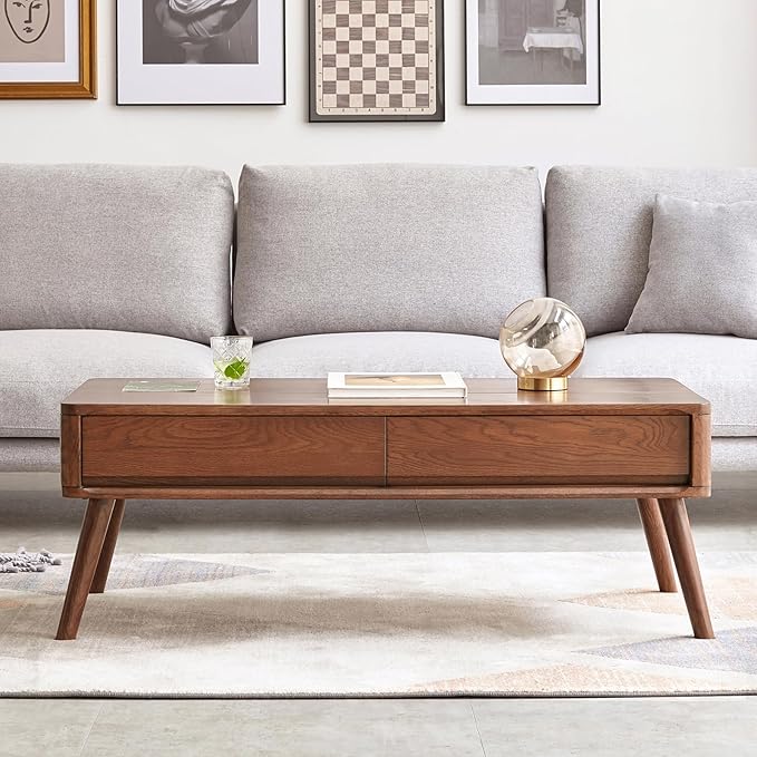 100% Solid Wood Lift Top Coffee Table for Living Room, Mid Century Modern Tables with Drawers and Large Storage, Oak Wood Coffee Tables for Small Spaces (Oak Walnut Color, 47.24"W x 23.62"D x 25.59"H)-HomvellaHome