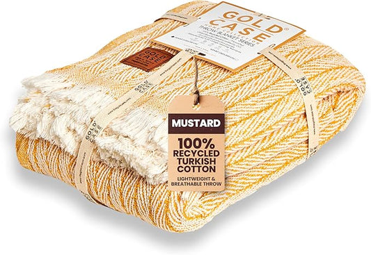 Gold Case Throw Blanket for Couch – 100% Recycled Turkish Cotton Blankets & Throws – Elegant Decorative Throw Blankets for Living Room Sofa – Woven Throws for Couch – Vintage Mustard – 50x60-HomvellaHome