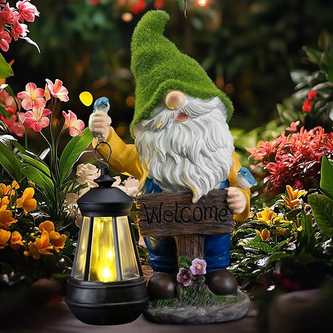 Garden Gnome Outdoor Statues with Solar Lights,Resin Flocked Solar Gnome Statue Holding Lantern,Outdoor Gnomes Decorations for Garden, Patio Gnome Gifts for Mom-HomvellaHome