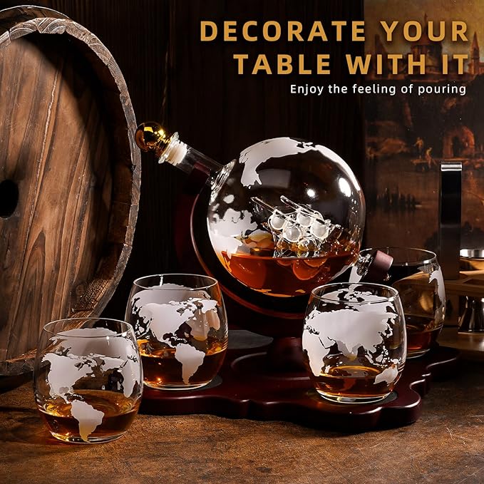 Gifts for Men Dad Husband Christmas, Whiskey Globr Decanter Set with 4 Etched Globe Glasses, Unique Anniversary Birthday Gifts for Brother Boyfriend, Cool Stocking Stuffers Bourbon Whikey Gifts-HomvellaHome