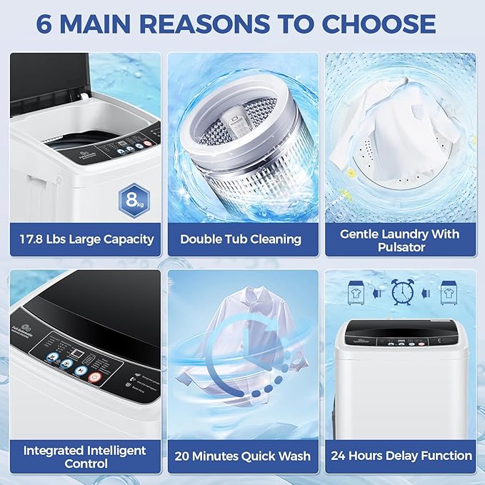 17.8Lbs Portable Washing Machine Nictemaw Portable Washer, 2.3 Cu.ft Washer and Dryer Combo with Drain Pump, 10 Programs 8 Water Level Compact Laundry Washer for Home, Apartment, RV, Dorms-HomvellaHome