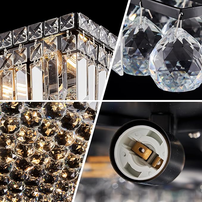 12-Lights Black Crystal Flush Mount Ceiling Light Fixtures,Elegant Crystal Chandelier Pendant Ceiling Lamp for Bedroom,Living Room,Dining Room,Hallway H5.9 x W20 x L20 (Bulb Not Included)Square-HomvellaHome