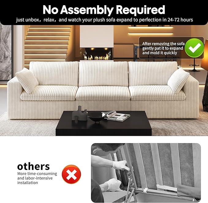 118" 3-Seater Cloud Sofa,Modular Sectional Couch,Modern Deep Seat Upholstered Couches with Plush Corduroy Fabric for Living Room Furniture,Bedroom and Apartment,No Assembly Required,White-HomvellaHome