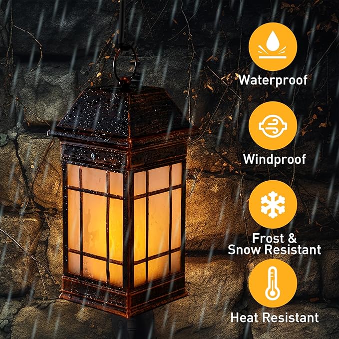 14" Solar Lantern Outdoor Waterproof, Glass Flickering Flame Solar Lanterns, Hanging Metal Lantern Decorative for Patio Front Porch Garden Backyard Tabletop Party Decoration-HomvellaHome