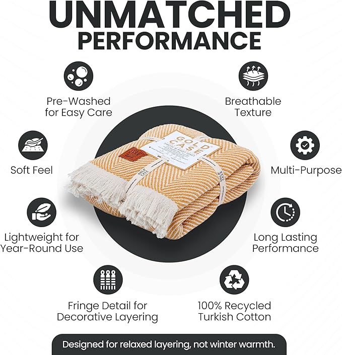 Gold Case Throw Blanket for Couch – 100% Recycled Turkish Cotton Blankets & Throws – Elegant Decorative Throw Blankets for Living Room Sofa – Woven Throws for Couch – Elegant Mustard – 60x80-HomvellaHome