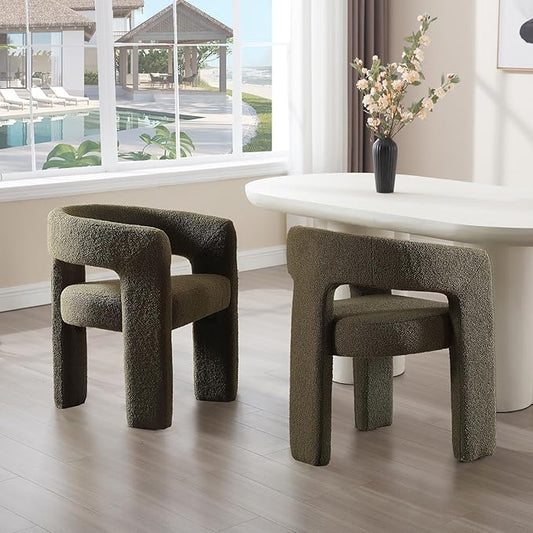 Green Sherpa Dining Chairs Set of 2, Modern Barrel Dining Room Chairs Upholstered Faux Fur Accent Chair with Arms and Round Back for Living Room Kitchen Armchair No Assembly Needed-HomvellaHome