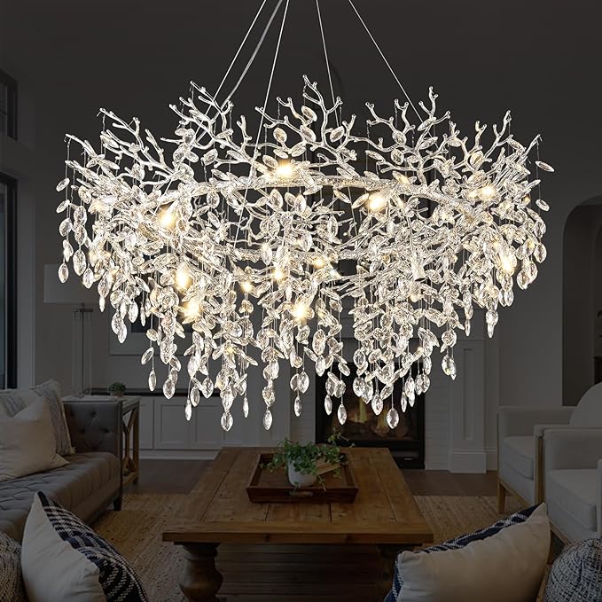 14-Light Modern Living Room Crystal Chandeliers,48" Round Silver Tree Branche Chandelier,Silver K9 Crystal Chandeliers for Dining Room,High Ceiling,Entryway、Foyer-HomvellaHome