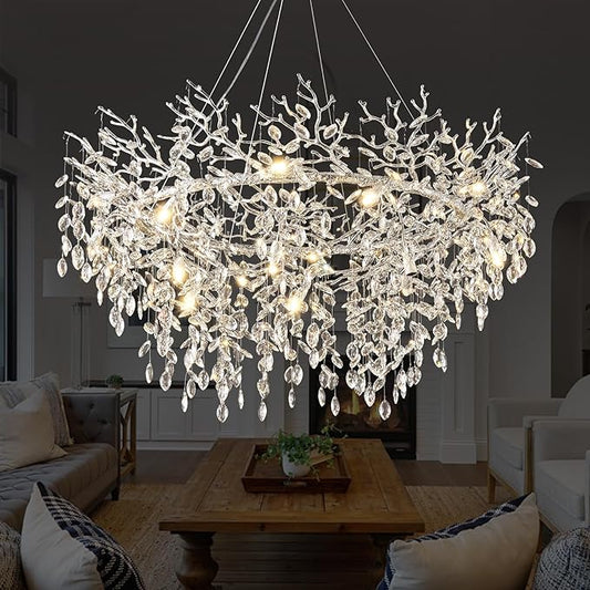 14-Light Modern Living Room Crystal Chandeliers,48" Round Silver Tree Branche Chandelier,Silver K9 Crystal Chandeliers for Dining Room,High Ceiling,Entryway、Foyer-HomvellaHome