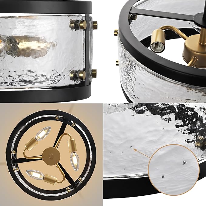 13" Industrial Drum Glass Chandelier, 3-Light Rustic Hanging Pendant Lights, Metal Round Lighting Fixture for Dining Room Foyer Entryway Hallway Bedroom, Clear Waterglass Drum Shade-HomvellaHome