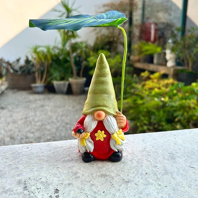 Garden Female Gnome Statue Decoration with Leaf Umbrella, 6.5” Figurine Ornament for Indoor Outdoor Home Patio Yard Lawn, for Gnome Lovers & Garden Enthusiasts，Mom，Women-HomvellaHome
