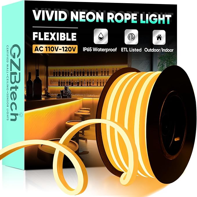 GZBtech Flexible LED Neon Rope Lights 16.4FT,AC 110-120V Waterproof Strip Light, 120LEDs/M Cuttable Connectable Neon Lighting for Indoor Outdoor Home Decor/Commercial Building Use-Amber 5M-HomvellaHome