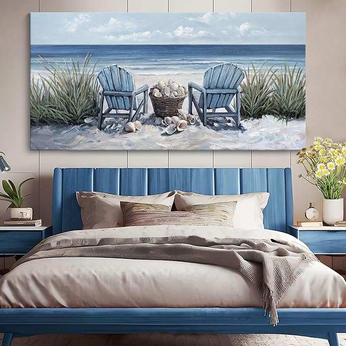 HGUAOA Coastal Wall Art - Large Landscape Wall Pictures for Living Room, Bedroom Pictures, Ocean Beach Artwork, Blue Wall Art, Above Bed Decor, Coastal Landscape Wall Art, Beach Pinting-HomvellaHome